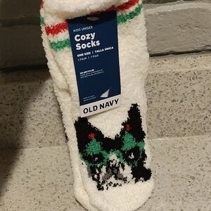 Old Navy Fuzzy White Socks with Black and Green Pattern-Unisex